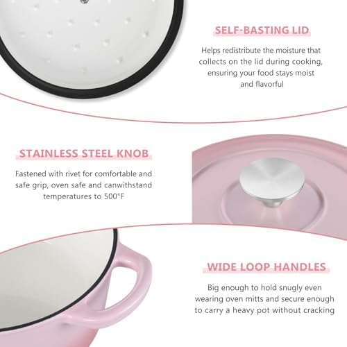 E-far 3 Qt Enameled Cast Iron Dutch Oven with Lid, Small Round Nonstick Dutch Oven Pot for Bread Baking Braising Stews Roasting Cooking, Heavy Duty, Induction & Oven Safe - Pink - Image 7