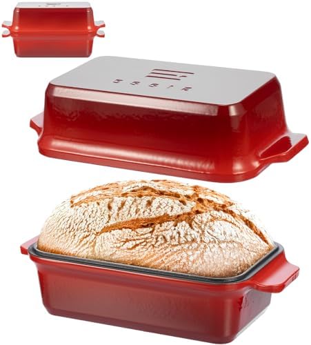 Enameled Cast Iron Dutch Oven for Sourdough Bread Baking, 9×5 Dutch Oven Pot with Lid, 2 in 1 Bread Pans with Lid for Baking, Roasting & Braising, Easy Release, Oven & Induction Safe (4.2 QT,Red) by RYEDE