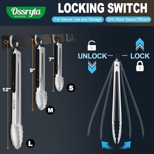 Stainless Steel Cooking Tongs Set of 3 - Heavy Duty 12/9/7 Inch Locking Tongs, Heat Resistant to 600 Degrees, Food Grade Kitchen Metal Tong for Food, Salad, & BBQ - Dishwasher Safe - Image 5