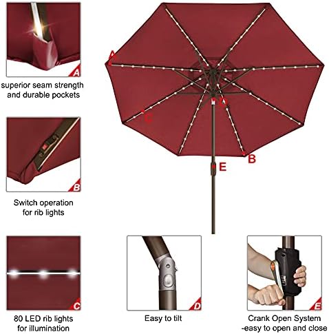 EliteShade USA 10-Year-Non-Fading 9ft Market Patio Umbrella, Commercial Grade Table Sun Umbrella with 80 Solar LED Lights, Crank Open, Windproof & UPF 50+ UV Protection for Garden, Deck, Pool, Backyard, Burgundy - Image 5