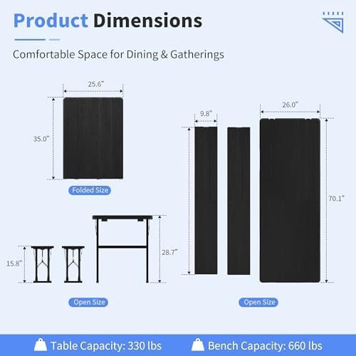 Polar Aurora Picnic Table Set with 2 Benches, 6 Feet Folding Camping Table Chair Set, Portable 3-Piece Outdoor Furniture with Wood Grain Top for Party, Picnic, Camping, Wedding (Black) - Image 3