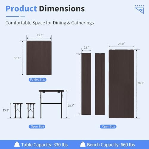 Polar Aurora Picnic Table Set with 2 Benches, 6 Feet Folding Camping Table Chair Set, Portable 3-Piece Outdoor Furniture with Wood Grain Top for Party, Picnic, Camping, Wedding (Brown) - Image 3