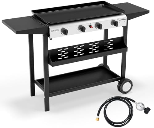 ROVSUN 4 Burner Portable Propane Griddle with Electronic Ignition, 40000 BTU Rolling Flat Top Gas Grill with Nonstick Enameled Tray, Side Shelves & Regulator for Outdoor Cooking Camping BBQ Tailgating by ROVSUN