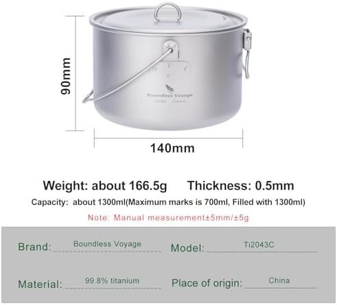 iBasingo 1300ml (44 fl oz) Titanium Bail‑handle Pot Camping Pot Ti2043C - Image 2