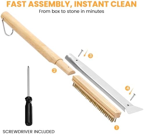 26'' Pizza Brush with Stainless Steel Stone Scraper - Brass Bristles - Wood Handle - Hanging Ring - Outdoor Pizza Oven Accessory - Compatible with Ooni, Gozney, Blackstone, Solo Stove Ovens - Image 5