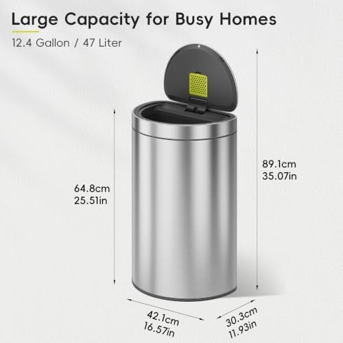 EKO Mirage Semi-Round Motion Sensor Trash Can or Recycling Bin, 47 Liter / 12.4 Gallon Automatic Large Kitchen Trash Can with Deodorizer Compartment, Removable Lid and Bucket, Matte Stainless Steel - Image 3