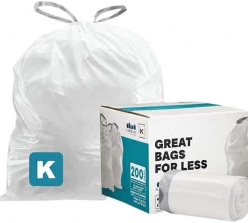 Plasticplace Custom Fit Trash Bags, Compatible with Simplehuman Code K, White Drawstring Garbage Bags Liners, 10 Gallon / 38 Liters, 24" x 28" (200 Count) Heavy Duty Trashbags Home Essentials Large by Plasticplace