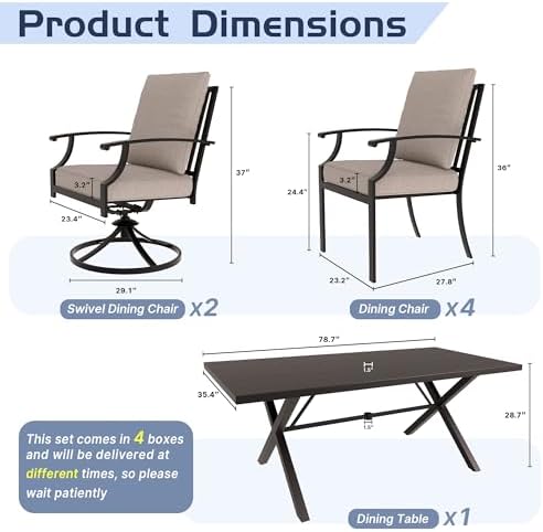 ALAULM 7-Piece Patio Dining Table and Chairs for 6 Outdoor Dining Set with 2 Swivel Chairs Patio Dining Sets with Rectangular Metal Table with Umbrella Hole for Patio, Backyard, Garden-Sand - Image 6