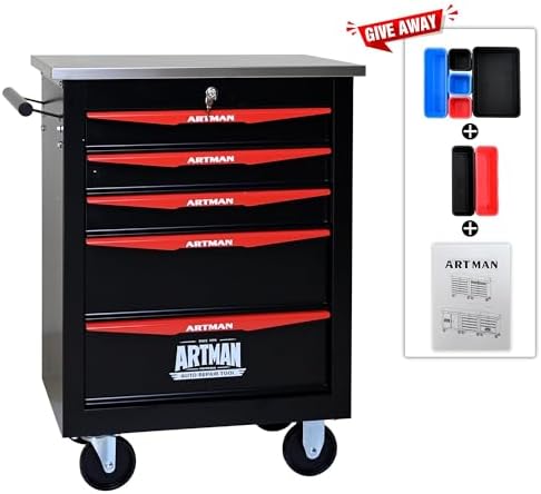 5-Drawer Heavy-Duty Rolling Steel Tool Cart with Handle&Wheels, Metal Storage Organizer Cabinet, Tool Chest for Efficient Tool Storage in Garage, Warehouse, Workshop, Repair Shop, Black&RED - Image 4