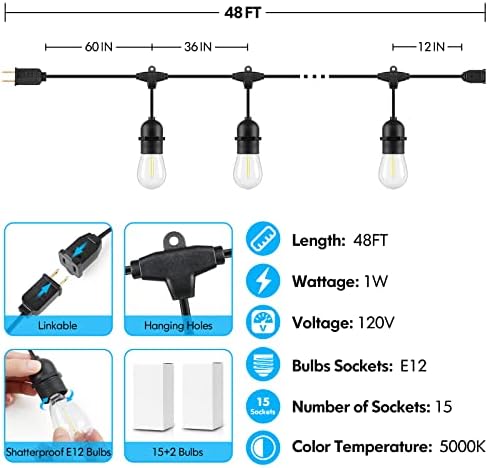 Lakumu 48FT Outdoor String Lights with Shatterproof E12 S14 Edison Bulbs - Image 6