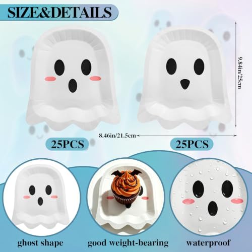FOIMAS 50 Pcs Halloween Paper Plates, 9.84 Inch Cute Ghost Disposable Plates Spooky Boo Dessert Dinner Plate Tableware for Baby Shower Halloween Party Supplies Birthday Table Decor,White - Image 2