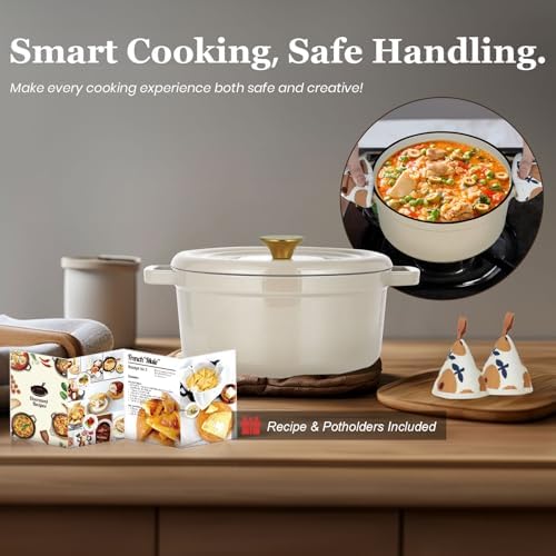 Overmont Enameled Cast Iron Dutch Oven - 5QT Pot with Lid Recipe Potholders - Image 5