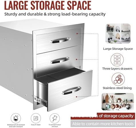 Outdoor Kitchen Drawers Stainless Steel, BBQ Drawer Inserts for Built-in Patio Grill Station, Triple Drawer, 18''W x 21''H x 23''D - Image 4
