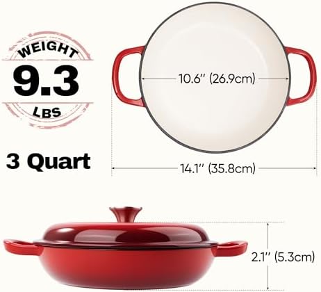 3 Quart Enameled Cast Iron Braiser, Non Stick Enameled Cast Iron Skillet with Lid, Dutch Oven Skillet with lid up to 500°F for Oven, Stove, Grill, Shallow Dutch Oven for Cook, Bake (Red) - Image 4