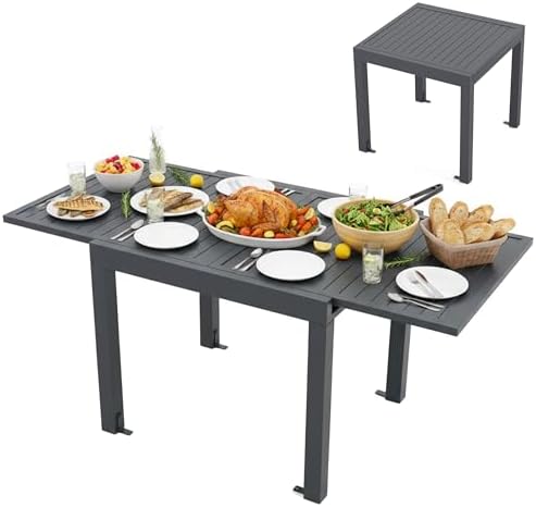 Tangkula 31.5"-63" Extendable Patio Dining Table, Aluminum Outdoor Dining Table for 4-6 People, L-Shaped Brace Included for Fixation, Space-Saving Outside Table for Garden, Porch, Poolside, Dark Grey by TANGKULA