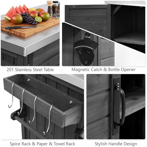 Merax 78.3" Outdoor Kitchen Island with Foldable Grill Table, Wooden Outdoor Grill Cart with Trash Can Storage & Stainless Steel Top, Outdoor Bar Cart, Pizza Oven Table for Lawn & Garden, Black - Image 4