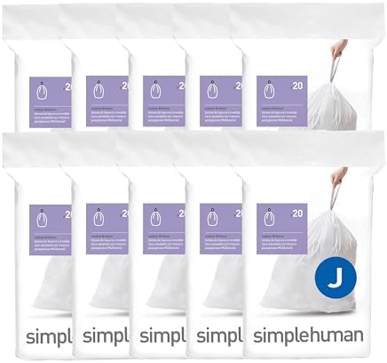 simplehuman Code J 200 Count Custom Fit Liners, Drawstring Kitchen Trash Bags, One-by-One Mess-Free Dispense, Extra Thick & Double Seamed, 50% PCR Plastic, 38-45 Liter / 10-12 Gallon, White by Unknown