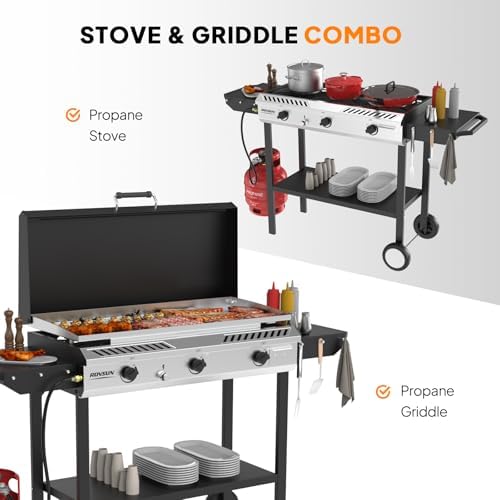 ROVSUN 3 Burner Outdoor Propane Gas Stove with Griddle, Ignition & Side Shelves, 225,000 BTU Powerful Gas Stove Outdoor Cooker for Backyard Patio Cooking Home Camping Grilling Canning Turkey Frying - Image 2