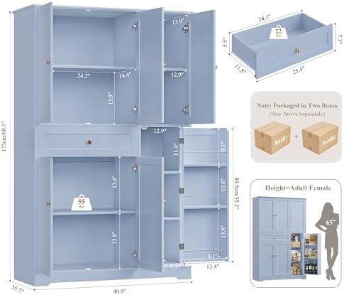 HOSTACK 68"H Kitchen Pantry Storage Cabinet with Door & Shelves, Light Blue - Image 3