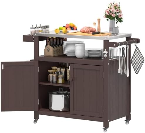 Weatherproof HIPS Outdoor Kitchen Island with Stainless Steel Top & Storage Cabinet, Movable Prep Table with Wheels for BBQ Food Prep, Outdoor Grill Cart for Parties, Brown by Sunnibety