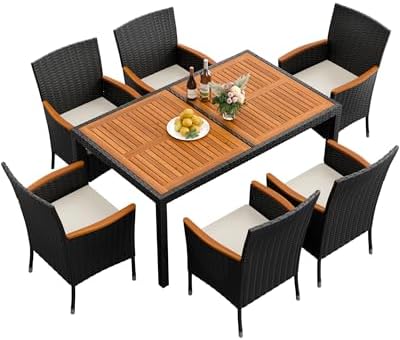 Flamaker Patio Dining Set for 6 Outdoor Acacia Wood Table and Chairs, Black by Flamaker