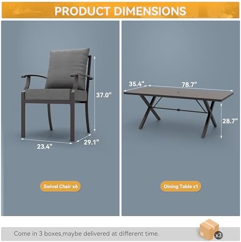 ALAULM 7-Piece Patio Dining Table and Chairs Outdoor Dining Set for 6 Patio Dining Sets with Rectangular Metal Table with Umbrella Hole for Patio, Backyard, Garden-Grey - Image 5