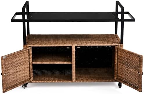 VINGLI Wicker Outdoor Bar Cart with Storage and Wheels, Outdoor Bar Table Serving Cart Rattan Bar Cart with Glass Top and Shelf for Pool, Party, Backyard, Porch (Brown) - Image 4
