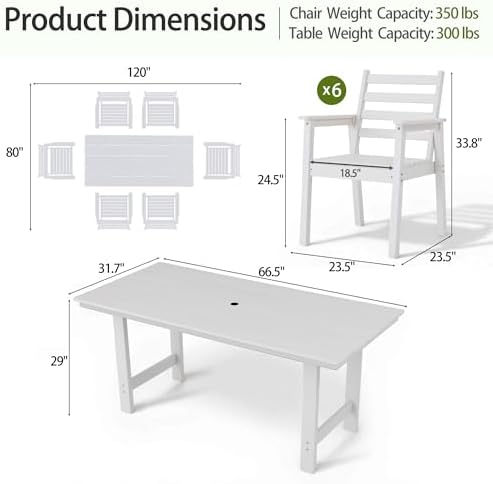 7-Piece Outdoor Dining Set, All-Weather HDPE Patio Furniture, 66.5" Slatted Table with 1.6" Umbrella Hole & 6 Ergonomic Armchairs, Heavy Duty 350lbs Capacity, UV Resistant, White - Image 4