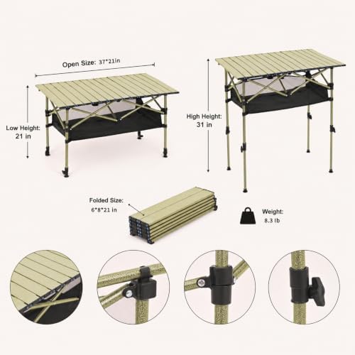 Portable Folding Camping Table, Adjustable Height, Beige, 37 x 21 in - Image 2
