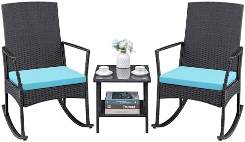 Greesum 3 Pieces Patio Furniture Set Outdoor Wicker Rocking Chairs,Blue by BuynowfromGreesum