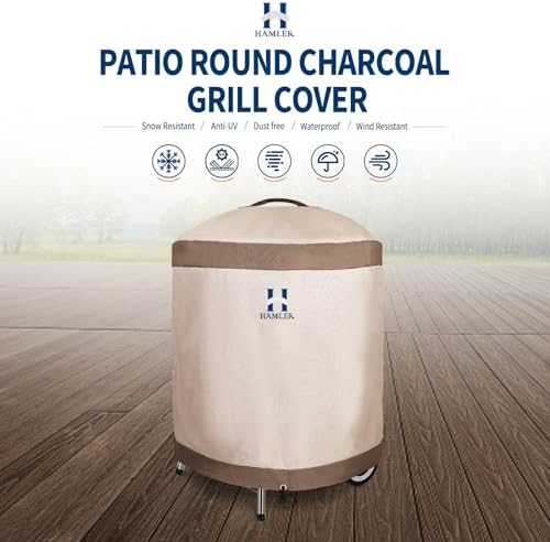 HAMLER Round Barbecue Cover, 21 Inch Small Smoker Cover, Heavy Duty Waterproof Outdoor Grill Cover Fits Weber, Charcoal Kettle, Masterbuilt, Dyna-Glo, Brown & Beige - Image 2