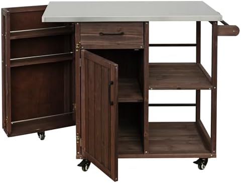 Outdoor Kitchen Island Cart with Stainless Steel Top, Rolling Grill Table with Storage Cabinet Drawer Shelves & Towel Rack, Wooden BBQ Prep Station with Lockable Wheels for Patio Backyard, Dark Brown - Image 5