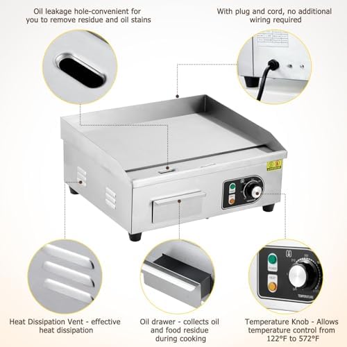 18" 1500W Stainless Steel Electric Griddle, Commercial Countertop Flat Top Grill with Adjustable 122–572°f Thermostat, Includes 2 Spatulas & Cleaning Brushes, Plug-in Grill for Indoor/Outdoor Cooking - Image 3