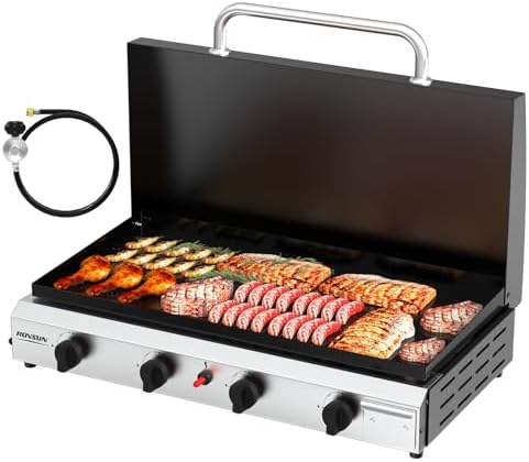 ROVSUN 4 Burner Portable Propane Griddle with Enameled Tray & Lid, 40,000 BTU Tabletop Flat Top Gas Grill with Electronic Ignition & Regulator for Outdoor Cooking Camping BBQ Tailgating by ROVSUN