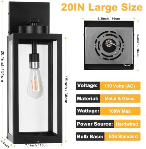 20" Black Large Outdoor Wall Lights with Closed Bottom, Front Porch Lights - Image 6