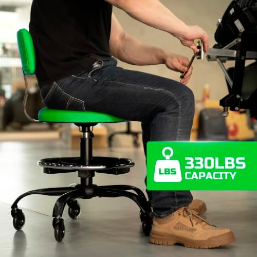 Rolling Shop Stool with Wheels, Garage Stool Chair, Green - Image 3