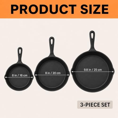 Jeffbaubl 3 Pcs Cast Iron Skillet, Frying Pan Set, 6, 8, 10 Inch - Image 2