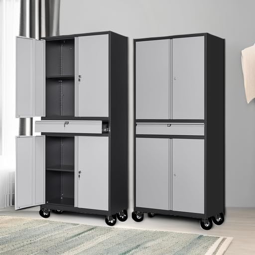Letaya Metal Garage Storage Cabinet with Wheels,72” Rolling Tool Cabinet with 4 Door Lock-Adjustable Shelves and Drawer for Garage Home Office Utility Room (Black&Gray with Wheels) - Image 5