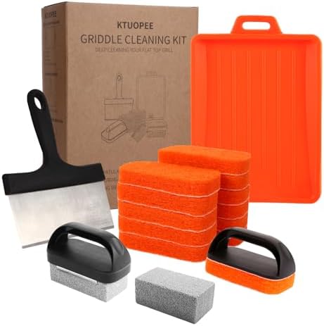 Upgraded Griddle Cleaning Kit for Blackstone 18 Pieces Flat Top Grill Accessories Cleaner Tool Set with Scraper, Heat-Resistant Silicone Spatula Mat with Hanger, Grill Brick, Scouring Pads by KTUOPEE