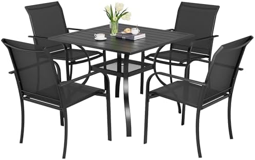 Incbruce 5 Pieces Patio Dining Set, Outdoor Dining Set of 4 Textilene Chairs and Square Table with Umbrella Hole for Backyard, Garden, and Poolside (Black) by Incbruce