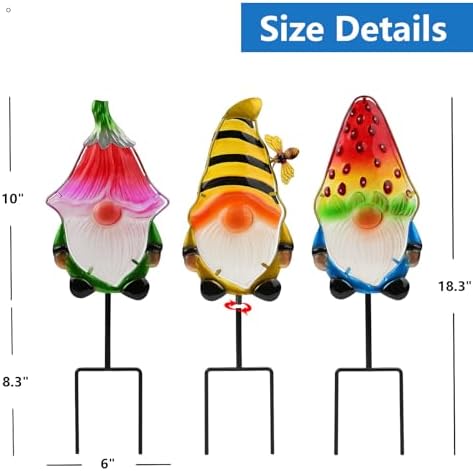 Gnome Garden Stake Set of 3 Metal Glass 18.3" Funny Outdoor Yard Lawn Decor - Image 3