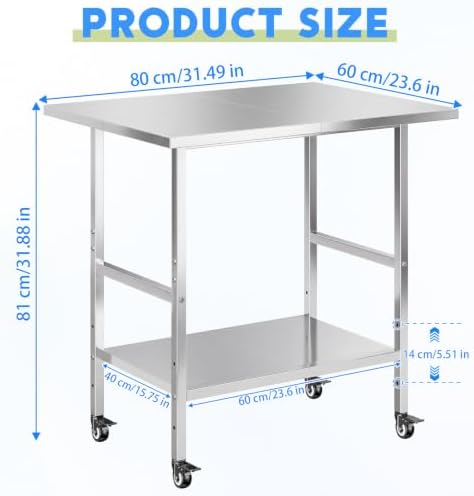 NSF Stainless Steel Prep Table with Wheels, Commercial Worktable with 4 Casters & Brakes & Adjustable Undershelf, Heavy Duty Rolling Kitchen Island Cart for Restaurant, Home, Outdoor BBQ & Pizza Oven - Image 2