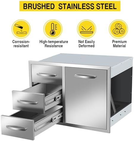 Outdoor Kitchen BBQ Island Drawers Combo 28" W x 20.1" H x 19.7" D with Handles BBQ Access Triple Drawers and Trash Drawer for BBQ Island Patio Grill Station - Image 4