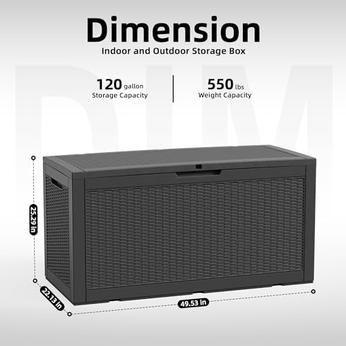 120 Gallon Outdoor Storage Box Waterproof, Resin Lockable Deck Box with Lid, Large Capacity Weatherproof Container for Patio Furniture Pool Accessories, Cushions(Black, 120 Gallon) - Image 2