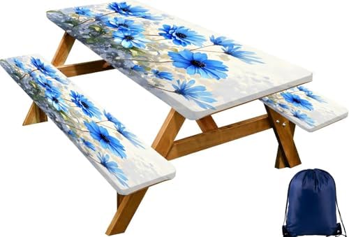 CAPSCEOLL Fitted Picnic Table Cover with Bench Covers 8ft - Blue Flowers by CAPSCEOLL