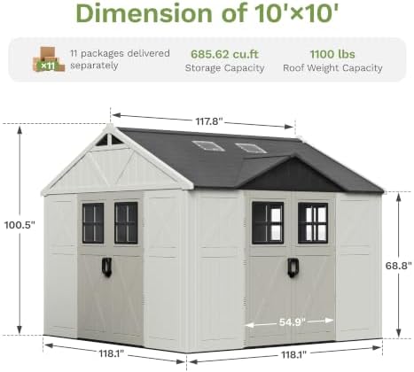 Patiowell 10x10 FT Resin Outdoor Storage Shed with Floor & 3 Lockable Doors - Image 2