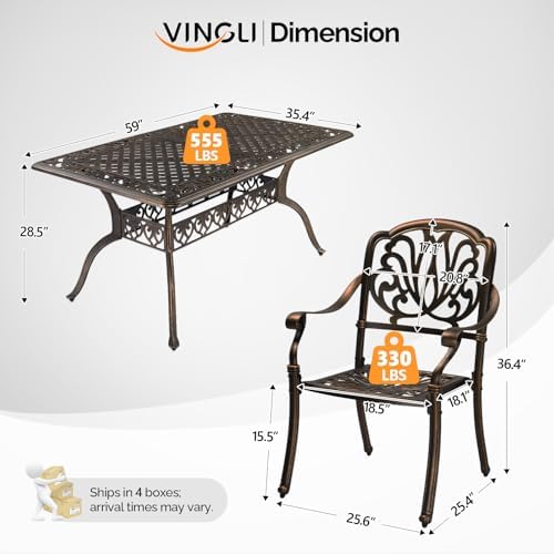VINGLI 7-Piece Outdoor Dining Set, Cast Aluminum Patio Furniture Set for 6 with Umbrella Hole, Rectangular Outdoor Dining Table & 6 Stackable Chairs, All-Weather Garden/Poolside Dining Set Bronze - Image 7