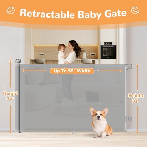 Retractable Baby Gate for Stairs 34" Tall Fits Up to 55" Wide Gray - Image 2