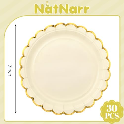 NatNarr 30 Pk Ivory Dessert Plates 7" Scalloped Cream Plates with Gold Rim - Image 2