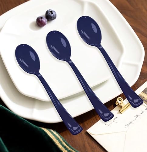 SietDESEO 25 PCS Navy Blue Plastic Spoons Disposable Utensils Heavy Duty Navy Blue Spoons Disposable Cutlery for Birthday Wedding Baby Shower Bridal Shower Plastic Silverware - Image 5